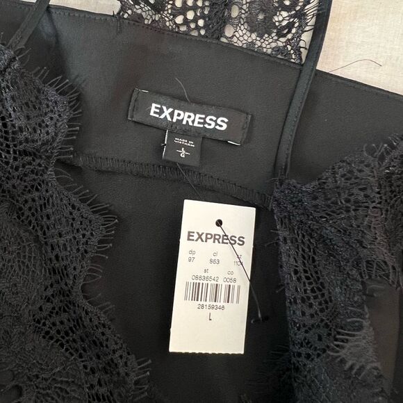 Express NWT black satin lace trim cami tank blouse size large - Picture 7 of 9